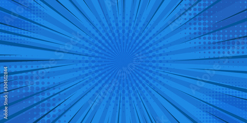 Pop art retro comic. Blue background superhero. Lightning blast halftone dots. Cartoon vs. Vector Illustration