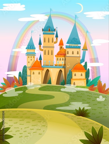 Cute cartoon castle. FairyTale cartoon castle. Fantasy fairy tale palace with rainbow. Vector illustration