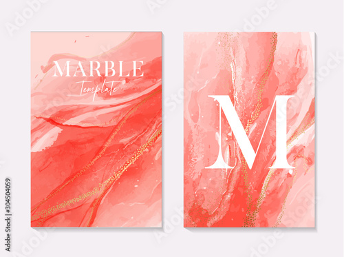 Pink coral contrast liquid red alcohol ink marble set splash with gold glitter sparkles for presentation, invitation,website,delicate blog decoration,  design template in vector