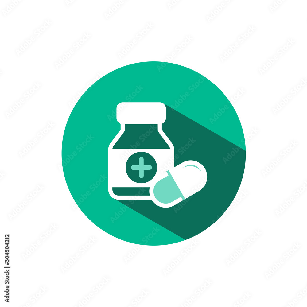 Capsules bottle icon with shadow on a green circle. Vector pharmacy illustration Capsules bottle icon with shadow on a green circle. Vector pharmacy illustration