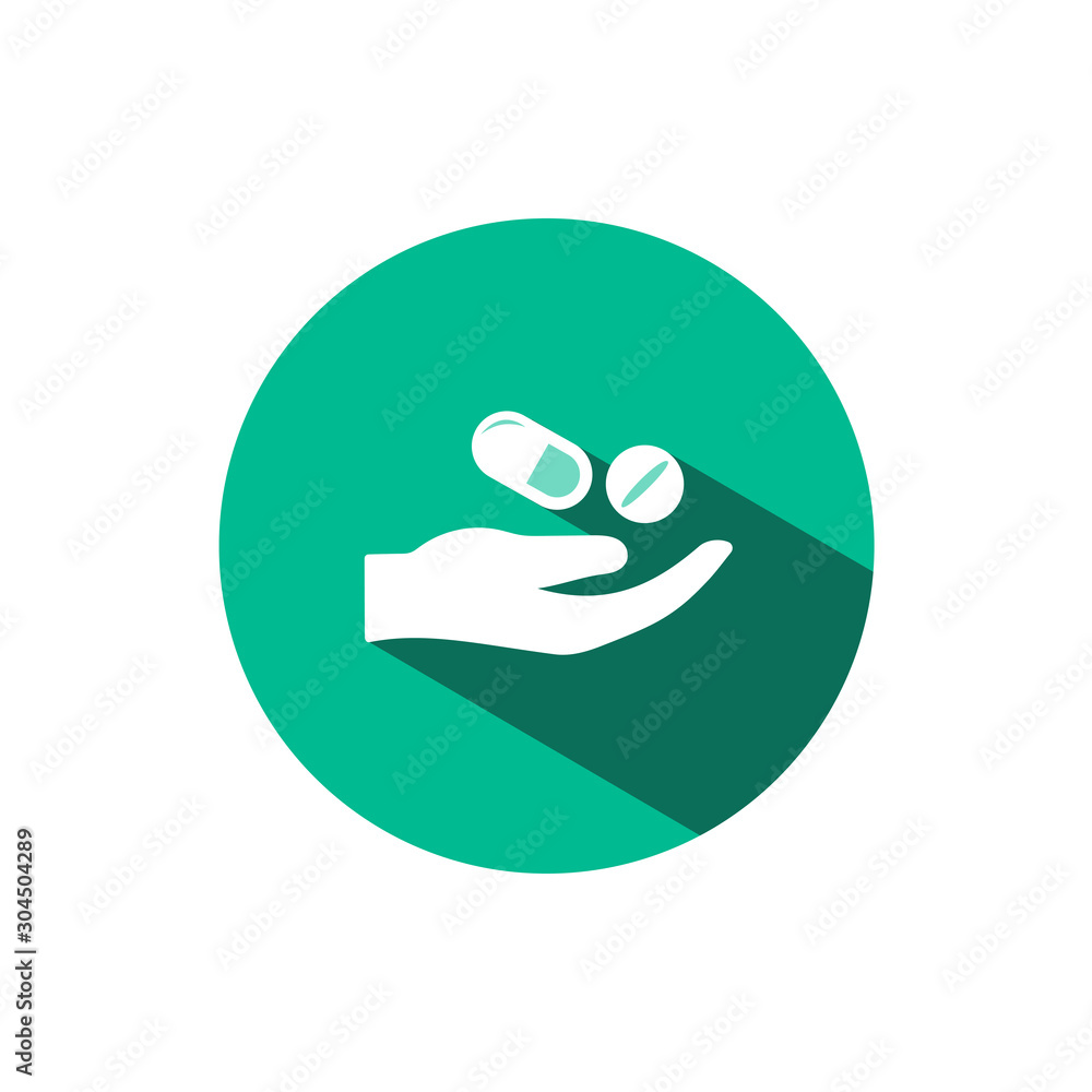 Hand and pills icon with shadow on a green circle. Vector pharmacy illustration