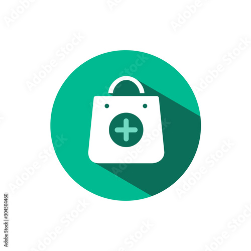 Shopping pharmacy bag icon with shadow on a green circle. Vector pharmacy illustration