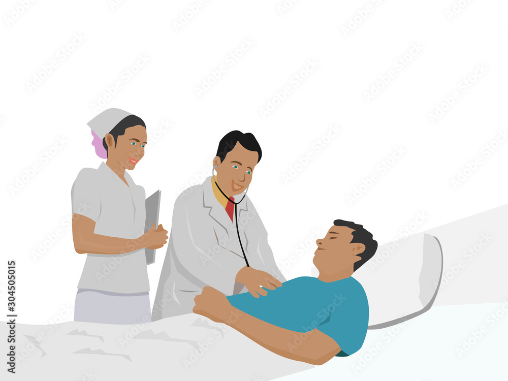 The doctor and the female assistant are examining the patient lying on the hospital bed The doctor and the female assistant are examining the patient lying on the hospital bed
