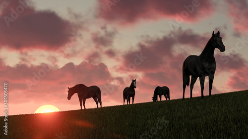 horses Landscape at Sky Background 3D Rendering