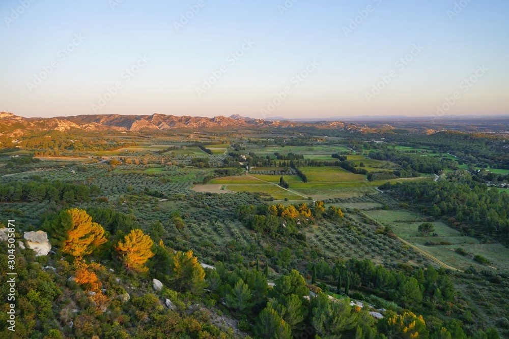 Sunset view of the Alpilles valley with green olive tree groves below the historic fortified village Les-Baux-de-Provence, in Bouches du Rhone, Provence, France.