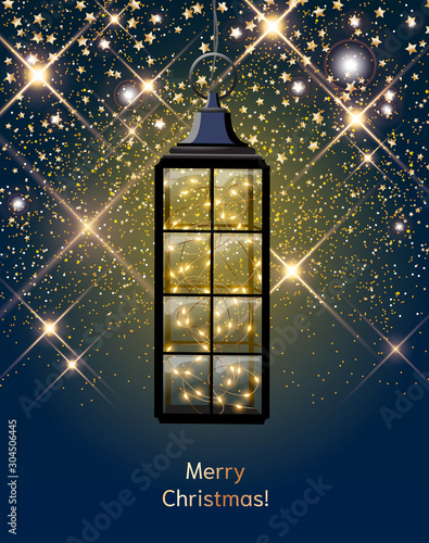 Christmas lantern with LED string with stardust on dark blue sky, illustration