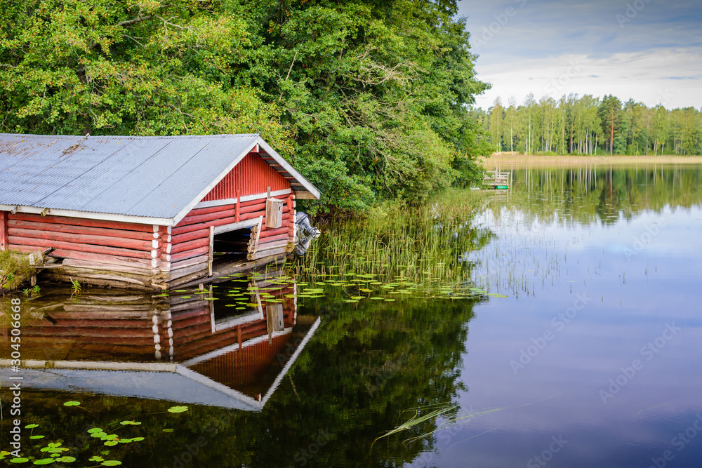 Picturesque lake with forest on the shore in Aurantola village. Typical nature of Finland.
