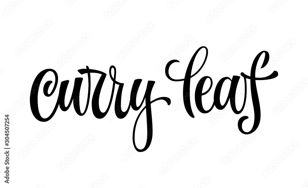 Curry leaf - hand drawn spice label. Isolated calligraphy scrypt stile word. Vector lettering design element. Labels, shop design, cafe decore etc Curry leaf - hand drawn spice label. Isolated calligraphy scrypt stile word. Vector lettering design element. Labels, shop design, cafe decore etc