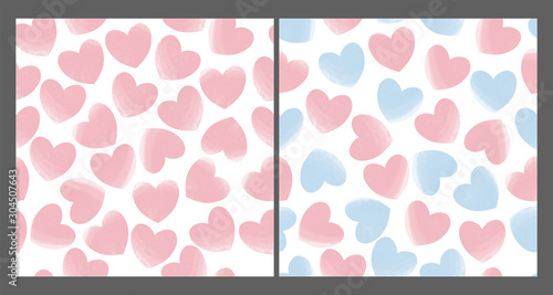 Pastel hearts seamless patterns set. Love, romantic background, basis backdrop in pink and light blue colors