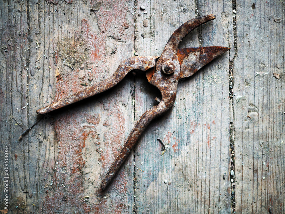 old horseshoe on wood old rusty tool building tongs