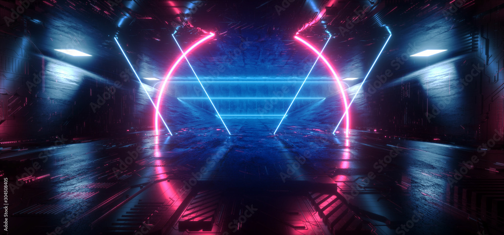Sci Fi Futuristic Schematic Chip Virtual Neon Laser Triangle Shaped Lines Glowing Purple Blue Tunnel Corridor Concrete Dark Night Stage Cyber 3D Rendering Sci Fi Futuristic Schematic Chip Virtual Neon Laser Triangle Shaped Lines Glowing Purple Blue Tunnel Corridor Concrete Dark Night Stage Cyber 3D Rendering