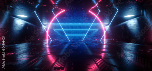 Sci Fi Futuristic Schematic Chip Virtual Neon Laser Triangle Shaped Lines Glowing Purple Blue Tunnel Corridor Concrete Dark Night Stage Cyber 3D Rendering
