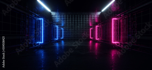 Fototapeta Naklejka Na Ścianę i Meble -  Purple Blue Tunnel  Sci Fi Futuristic Virtual Neon Laser Alien Spaceship Lines Glowing Corridor Concrete Cement Asphalt Dark Night Stage Cyber 3D Rendering