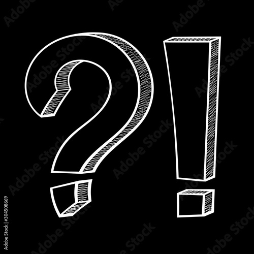 Punctuation symbols. Question mark and exclamation mark. Hand drawn sketch on black background