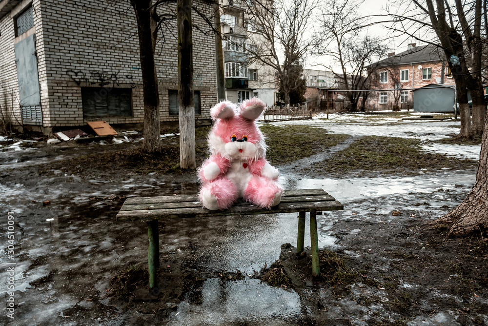 custom made wallpaper toronto digitalpink plush rabbit sits on a bench in a poor residential area