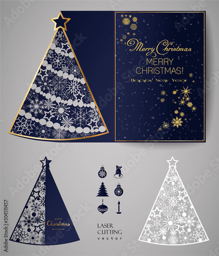 Laser cut template for Christmas cards, square invitation for party with Christmas tree cutout of paper.