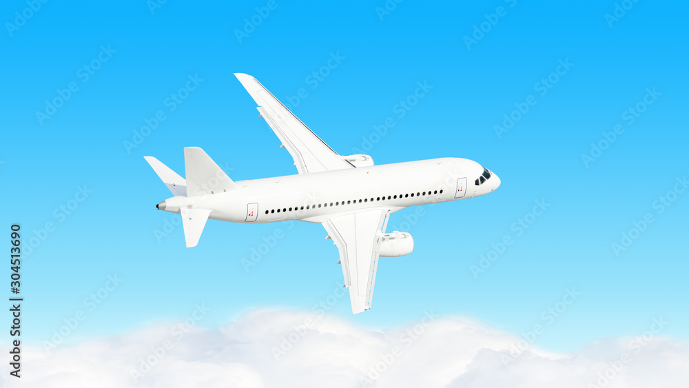 modern airplane flying against blue sky with white clouds background. Aerial top down view of passenger jet aircraft in air. Business jet plane silhouette for design. Air travel transportation