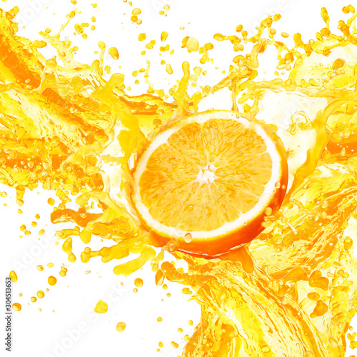 Orange juice splashing with its fruits isolated on white background