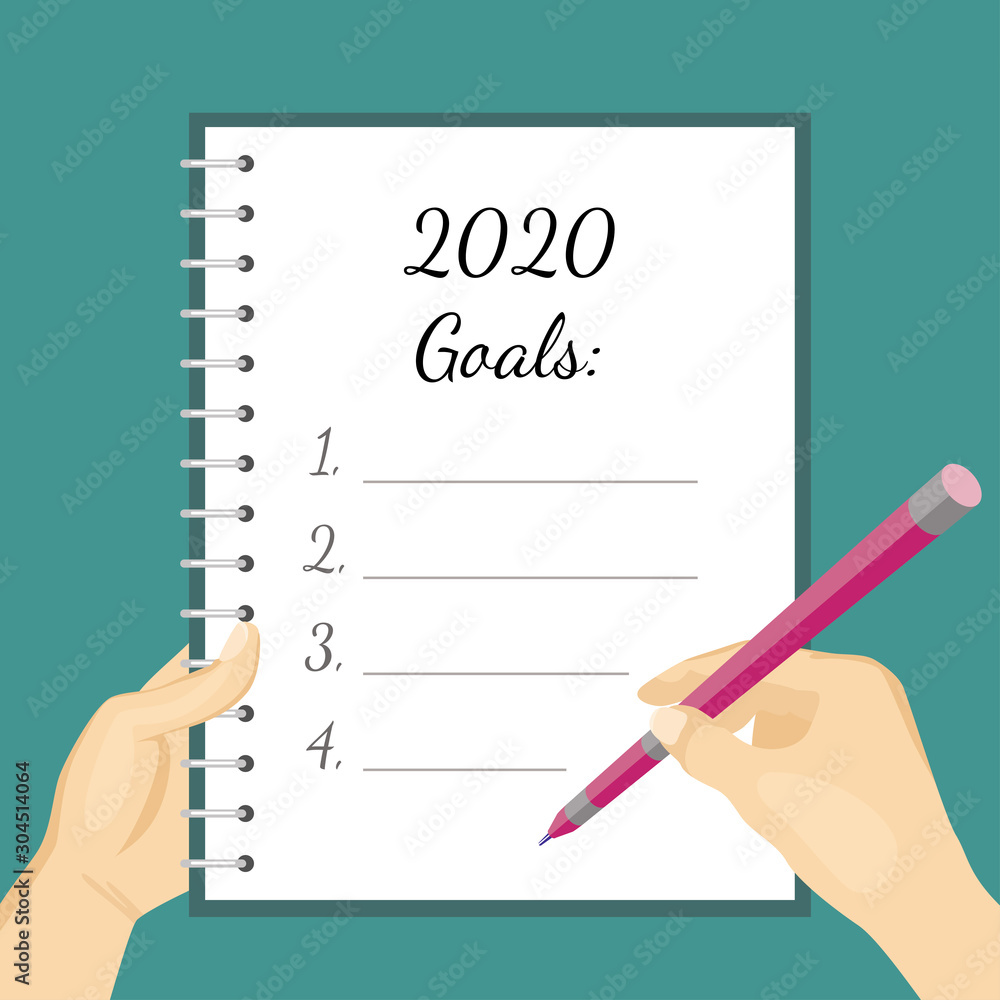 2020 goals. Hands hold notebook and pen and writing resolutions for the New Year. Vector illustration in cartoon simple flat style. 2020 goals. Hands hold notebook and pen and writing resolutions for the New Year. Vector illustration in cartoon simple flat style.