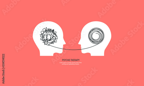 Two humans head silhouette psycho therapy concept. Therapist and patient. Vector illustration