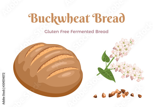 Gluten Free Buckwheat Bread Isolated on white background. Fresh pastries, flowering buckwheat and heap of grain. Vector baking illustration in cartoon simple flat style. Healthy food concept.