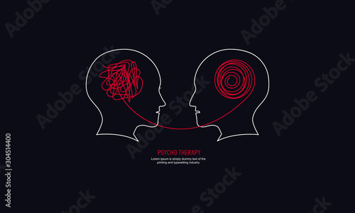 Two humans head silhouette psycho therapy concept. Therapist and patient. Vector illustration