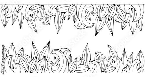 Line drawing leaf and waves on white background. Floral frame and border. Good for coloring book pages  cards  greetings.