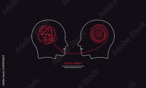 Two humans head silhouette psycho therapy concept. Therapist and patient. Vector illustration
