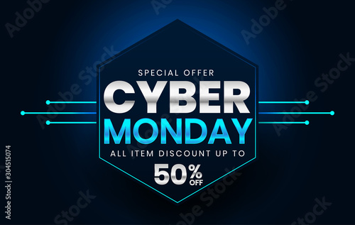 Sale banner template design with blue light effect on dark background, Cyber Monday special offer sale up to 50% off.