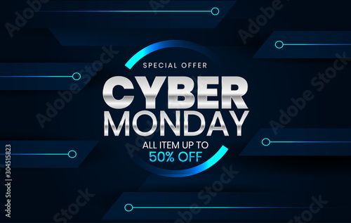 Sale banner template design with blue light effect on dark background, Cyber Monday special offer sale up to 50% off.