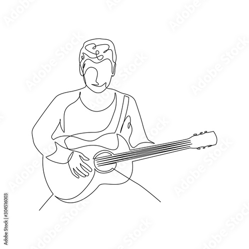 Continuous one line man with a guitar sitting. Vector illustration.