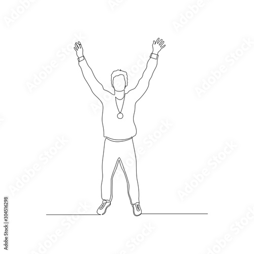 Continuous one line man with a medal on her neck waves her hands. Vector illustration.