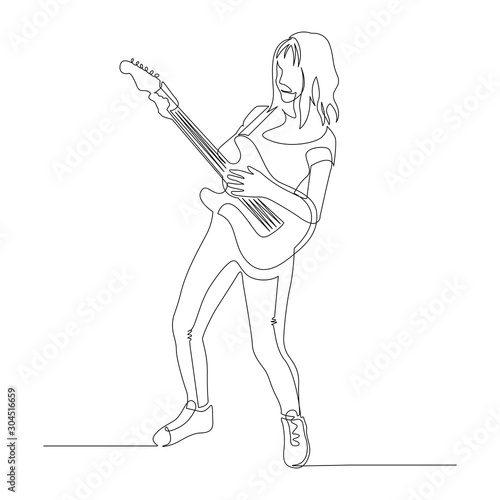 Continuous one line woman plays the guitar expressively. Vector illustration.