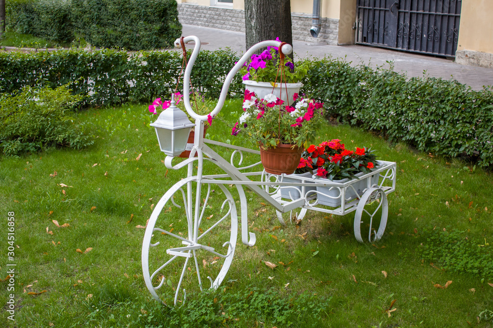 tricycle with vintage lantern and pots of flowers in a green meadow with bushes