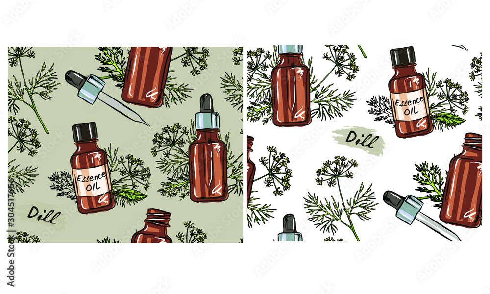  hand-drawn herbs Dill Seamless pattern with bottles with essential oils: essential oil Cosmetic, perfume and therapeutic essential oils, objects on a white background