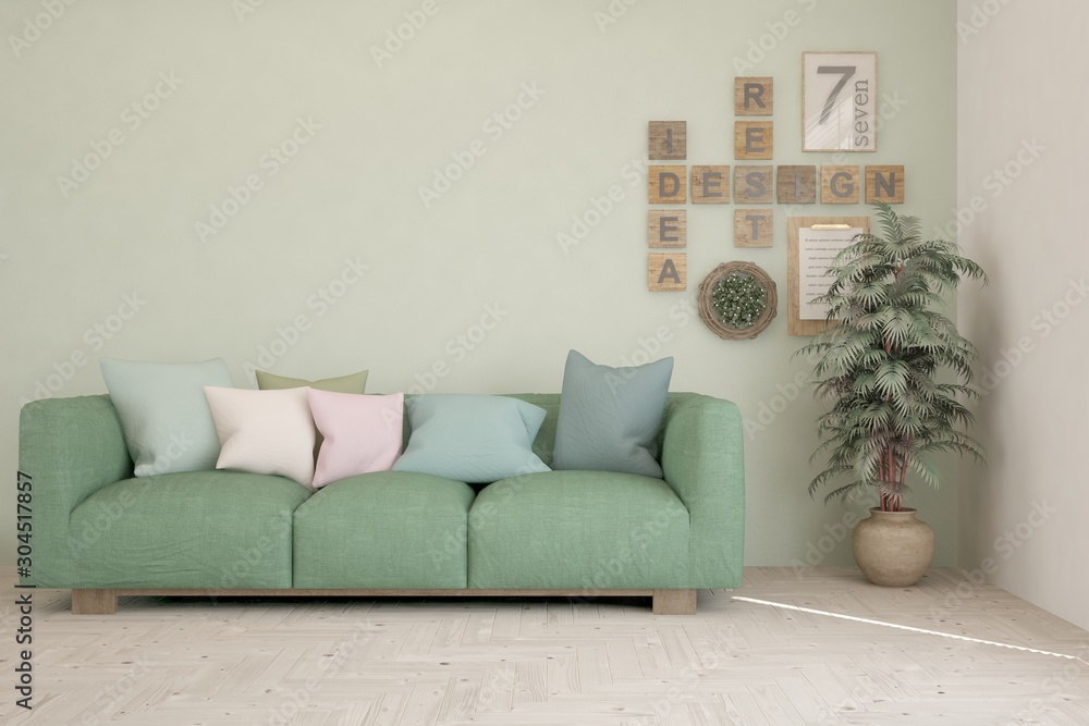 Stylish room in green color with sofa. Scandinavian interior design. 3D illustration Stylish room in green color with sofa. Scandinavian interior design. 3D illustration