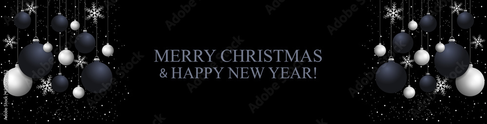Christmas black banner with Christmas balls and silver snowflakes. Happy New Year decoration. Elegant Xmas background. Copy Space. Vector - obrazy, fototapety, plakaty 