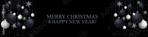 Christmas black banner with Christmas balls and silver snowflakes. Happy New Year decoration. Elegant Xmas background. Copy Space. Vector