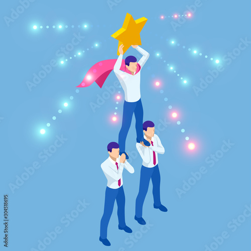 Isometric teamwork businessmen pyramid to reach rating star. Reaching the Stars. Team, leader, superior ability concept.