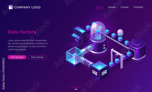 Data processing factory, isometric technology concept vector. Server with glass dome and virtual object, conveyor belt with transporting data, ultraviolet landing web page with blue neon icons