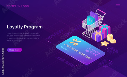 Loyalty program, vector isometric concept. Big discount card with percent, shopping cart and gift boxes and cash coins icons on ultraviolet background. Online service with collecting points