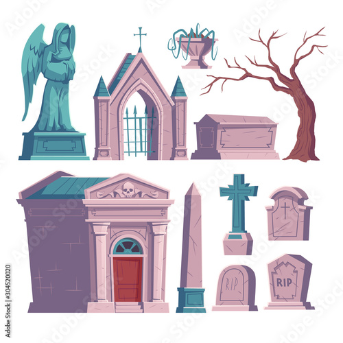 Cemetery symbols, tombstone with RIP inscription, cartoon vector. Gravestones with cross, angel figure, ossuary or crypt and sarcophagus or coffin, halloween illustration isolated on white background