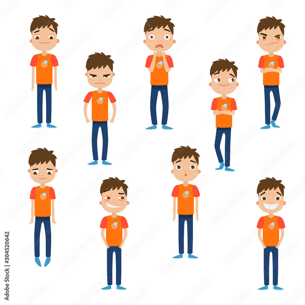 Set of a cute brown-haired boy in blue pants with different facial  emotions. Vector illustration in flat cartoon style. Stock Vector | Adobe  Stock
