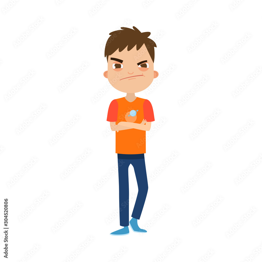 The cute brown-haired boy standing in blue pants with the dissatisfied face. Vector illustration in flat cartoon style.