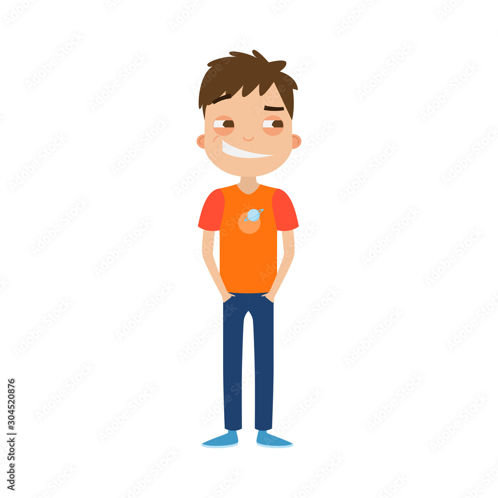 The cute brown-haired boy in blue pants standing with a satisfied smiling face. Vector illustration in flat cartoon style.