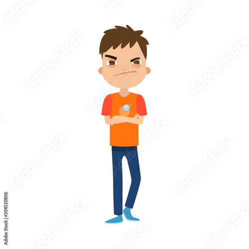 The cute brown-haired boy standing in blue pants with the dissatisfied face. Vector illustration in flat cartoon style.