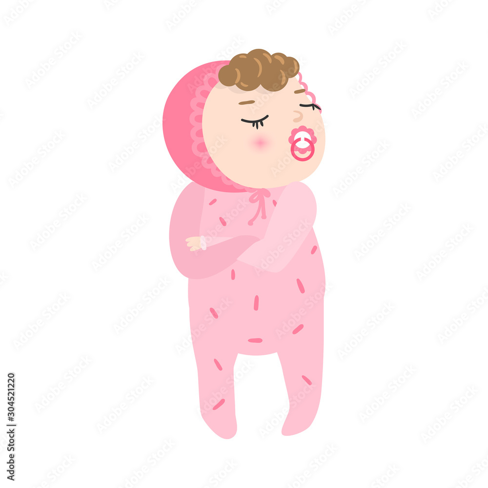 Cute displeased baby with kinky hair standing in pink pajama. Vector illustration in flat cartoon style. Cute displeased baby with kinky hair standing in pink pajama. Vector illustration in flat cartoon style.