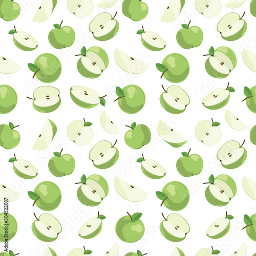 Seamless pattern with illustration of green apples and transparent background
