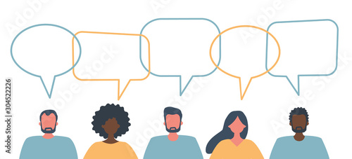 Communication of men and women. International community of people. People icons with speech bubbles. Vector illustration