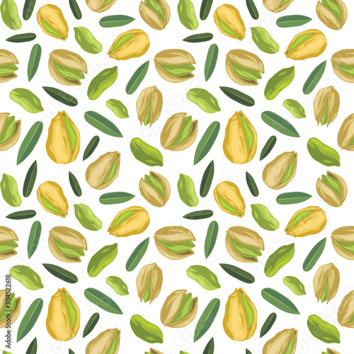 Seamless pattern with illustration of pistachios and transparent background